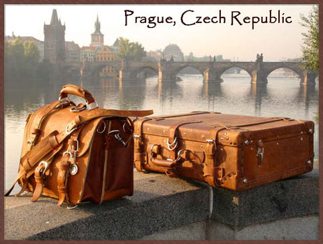 A picture of a Saddleback suitcase and briefcase in Prague.