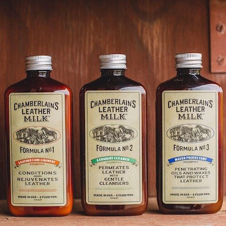 A picture of bottles of Chamberlain Leathermilk conditioners. 