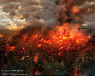 A night picture of a crushed and burning Metropolis.