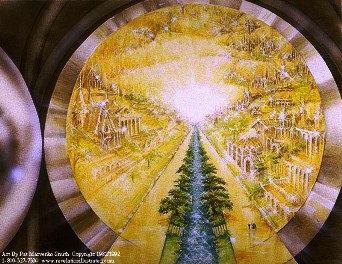 A picture through one of Heaven's gates revealing its street of gold and tree of life.