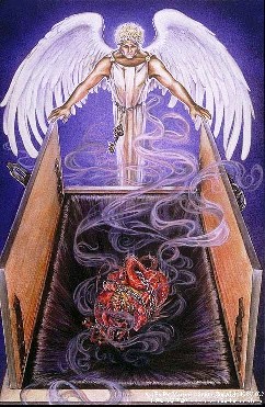 A picture of an angel standing over Satan who is in chains.