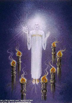 A picture of the glorified Christ standing amongst seven golden lampstands.