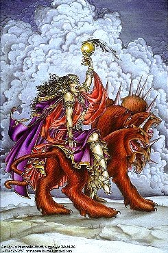A picture of an elaborately clothed harlot riding a scarlet colored beast.