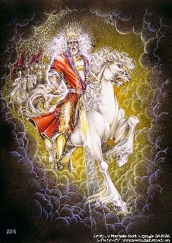 A picture of the Lord Jesus Christ coming with the clouds of Heaven astride