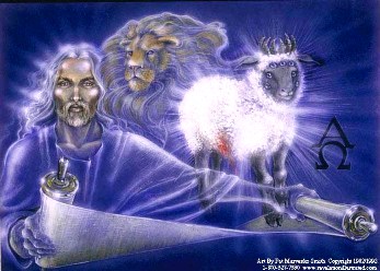 A picture of a slain Lamb, a Lion and Christ Jesus holding an opened scroll.