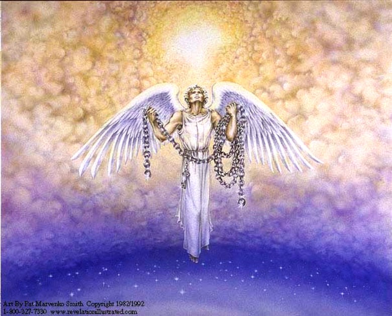 A picture of a mighty angel carrying a chain.