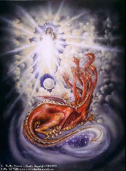 A picture of a resplendent pregnant woman being accosted by a red dragon.